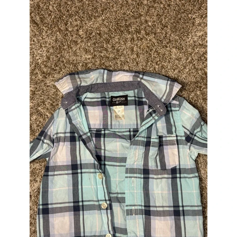 OshKosh B’gosh Boys 2T Blue White Plaid Button Down Shirt Long Sleeve